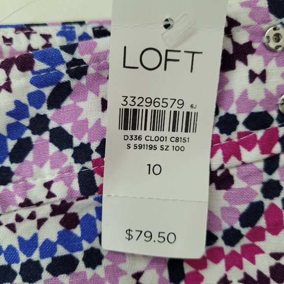 Loft Linen Wrap Skirt Women 10 Pink Blue Mosaic Floral Midi Linen/Viscose New - Picture 11 of 14